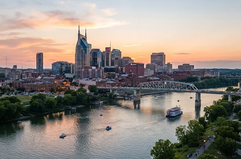Nashville skyline and the Cumberland River illustrating insurance services in Tennessee