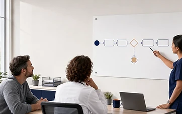 Patient, clinician, and administrator reviewing a blank prior-authorization workflow