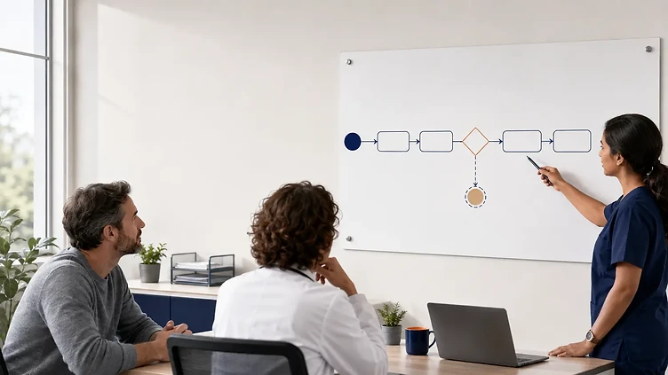 Patient, clinician, and administrator reviewing a blank prior-authorization workflow