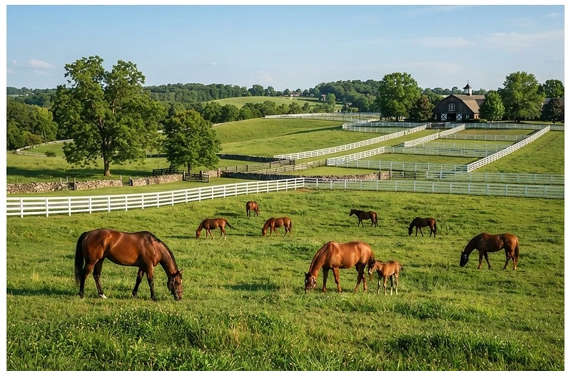 Thoroughbred racehorses in Kentucky bluegrass illustrating insurance services in Kentucky