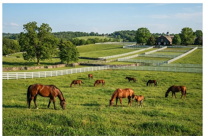 Thoroughbred racehorses in Kentucky bluegrass illustrating insurance services in Kentucky