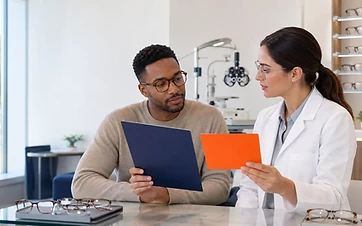 Optician and customer comparing a vision insurance folder with a vision discount card