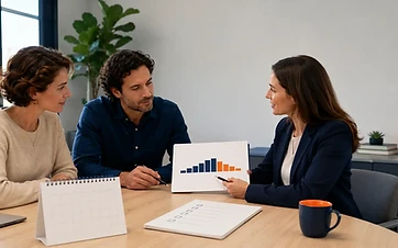 Couple and insurance educator reviewing an income-change timeline and update checklist