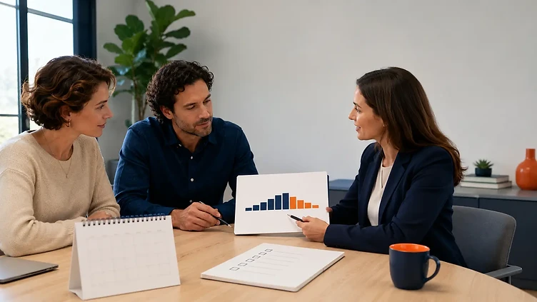 Couple and insurance educator reviewing an income-change timeline and update checklist