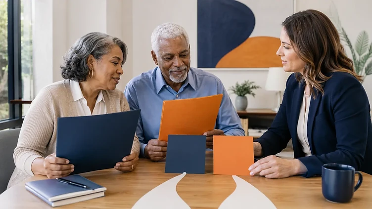 Senior couple comparing Medicare coverage paths with an independent insurance advisor
