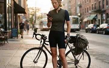A young adult in cycling gear beside a road bike on an American city street in early-morning light checking a phone