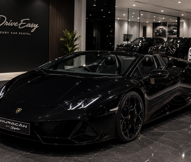 Luxury supercar rental in Dubai at dusk