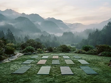 Misty garden lawn at dawn