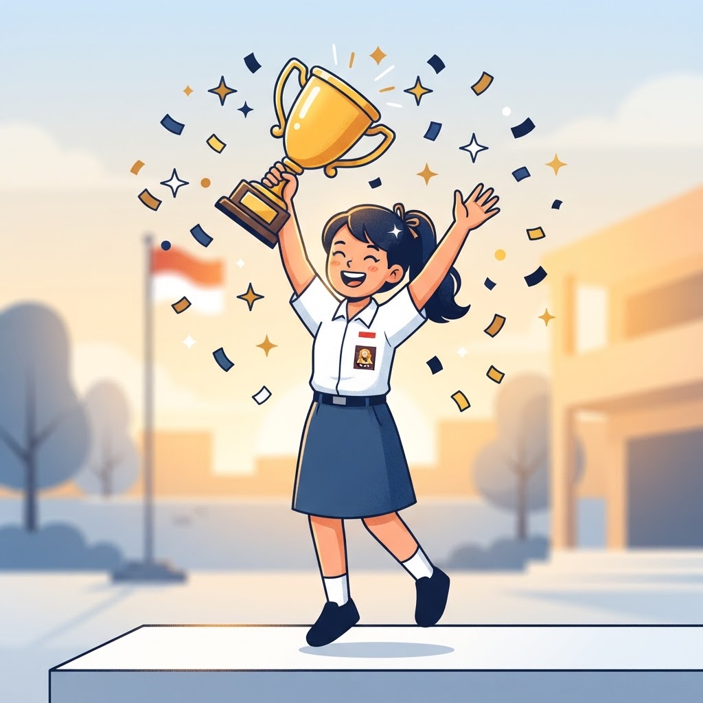 Siswa SMP meraih piala kemenangan dengan tampilan aplikasi SiswaJuara