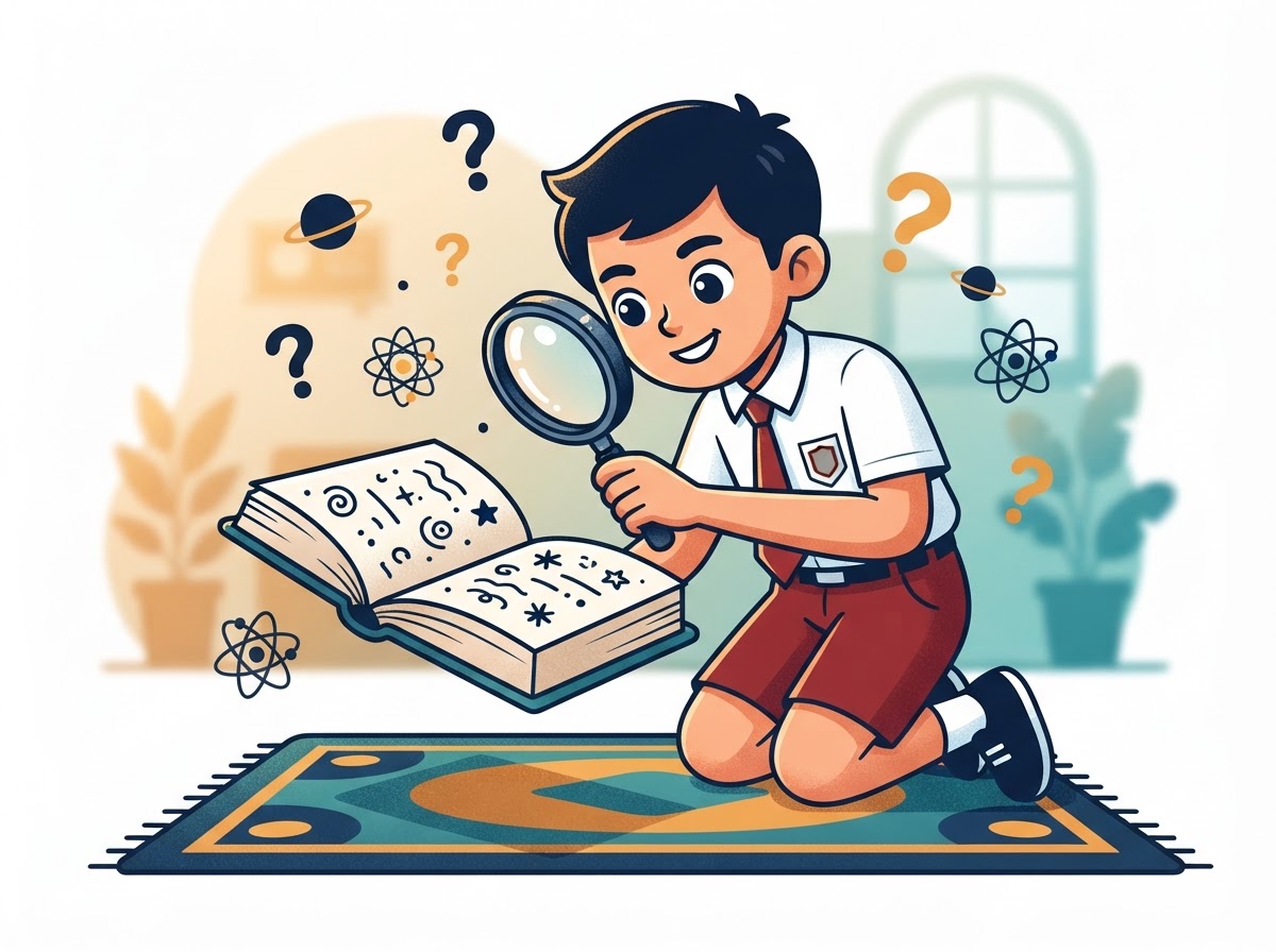 Siswa SD belajar dengan kaca pembesar dan buku