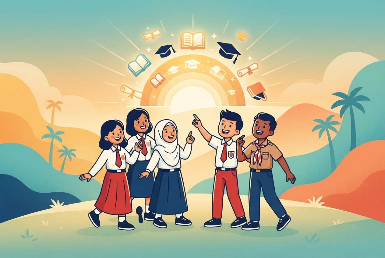 Grup siswa SD dan SMP Indonesia belajar bersama dengan semangat