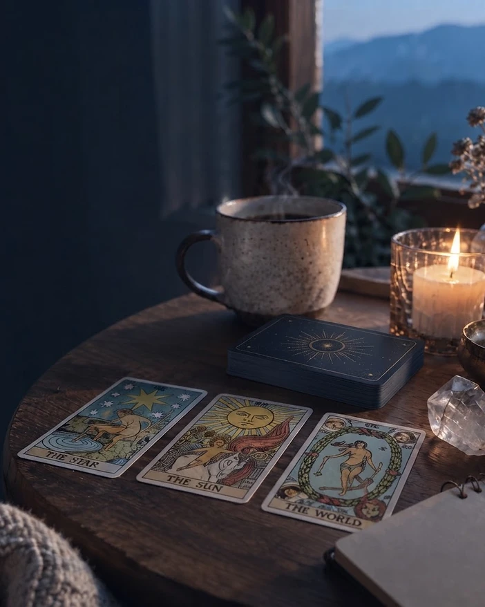 Tarot cards and candlelight on an intimate, warmly lit table