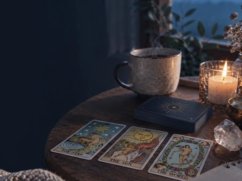 Candlelit tarot cards on a cozy table