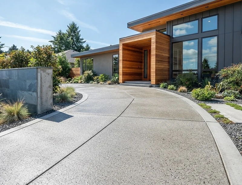 Modern residential concrete driveway with crisp broom-finish texture
