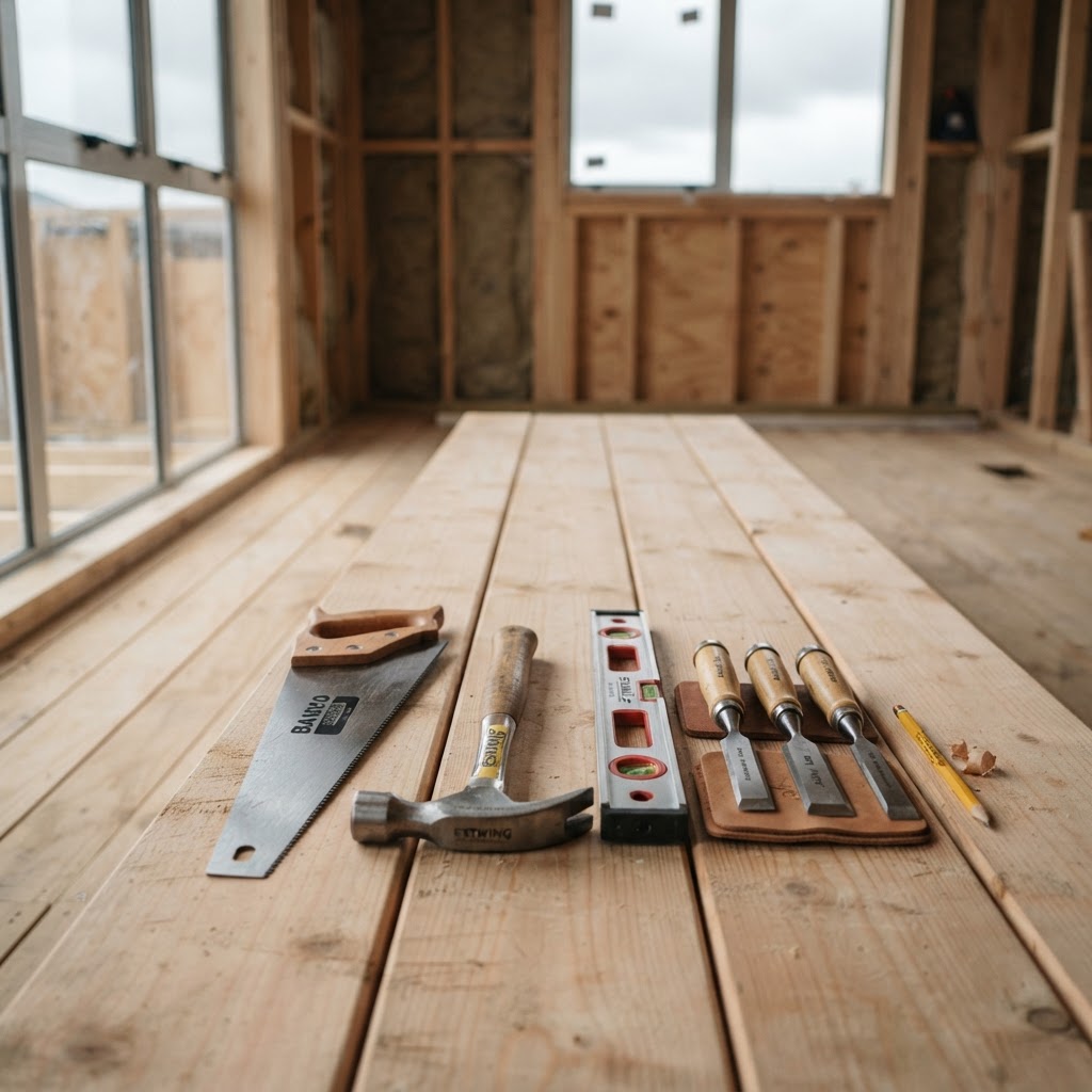 Carpentry tools laid out on timber inside a new-build house