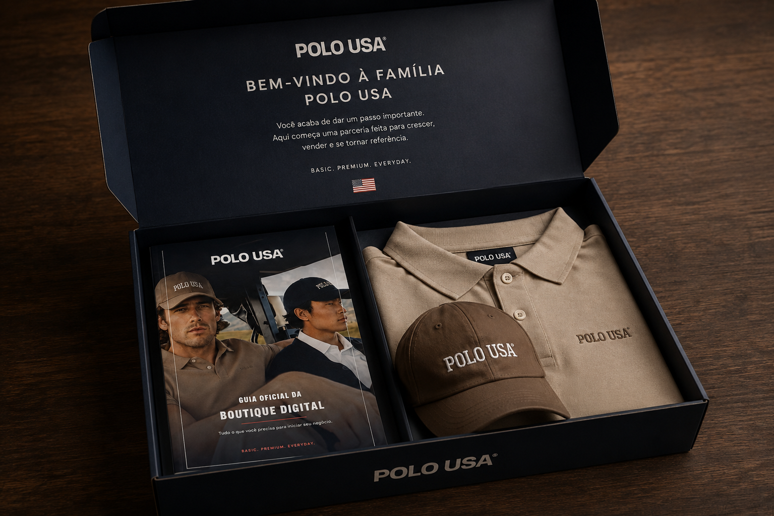 Kit de Boas-Vindas BUGBEE — caixa, book, polo e cap