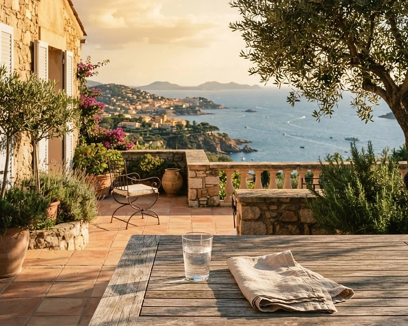 Terrasse méditerranéenne au coucher de soleil