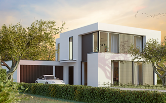 3D-render van een moderne witte woning bij zonsondergang