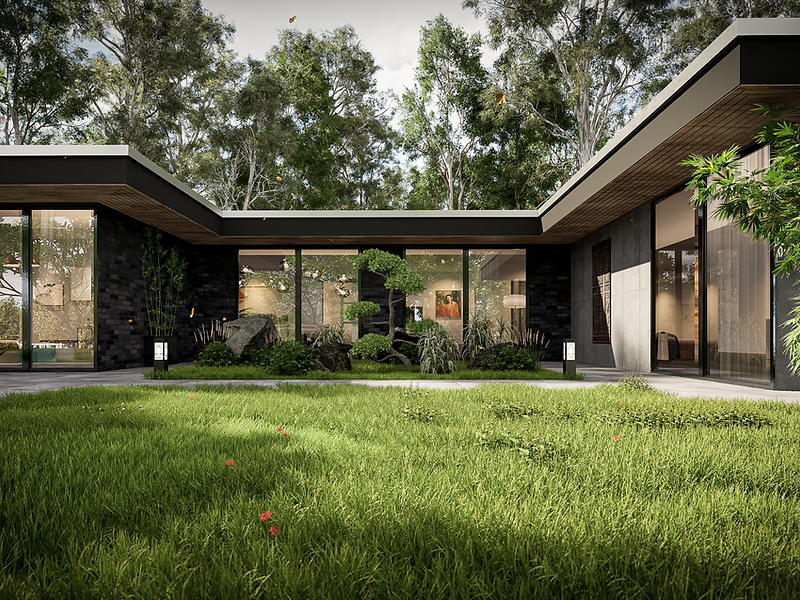 3D-render van een moderne U-vormige villa met binnentuin in de schemering