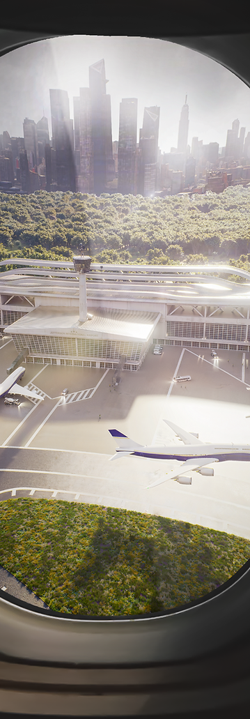 3D-render van een luchthaven gezien door een vliegtuigraam