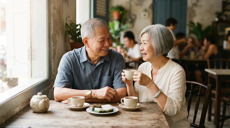 A senior Asian couple sitting at a bright cafe table in quiet conversation over tea