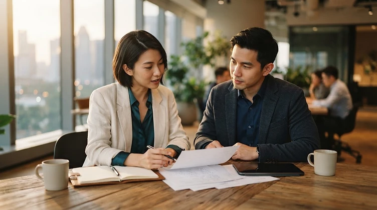 Two Singaporean professionals in a calm, light-filled office reviewing documents together