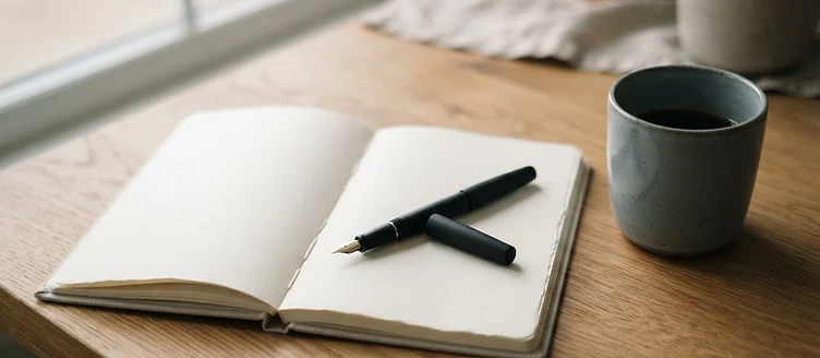 A fountain pen resting on an open notebook beside a ceramic cup on a warm wooden table