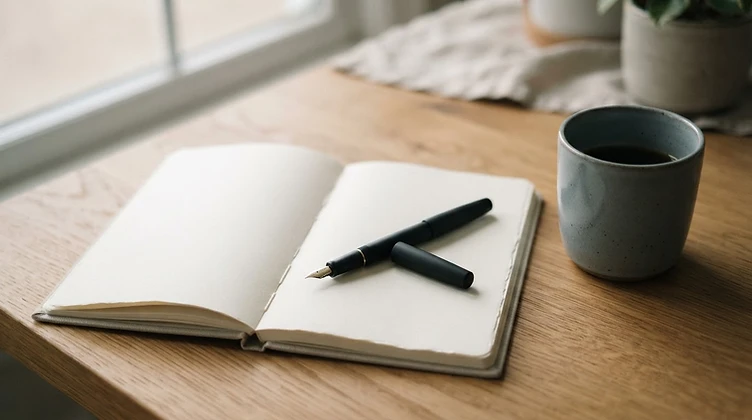 Close-up of a notebook and pen on a wooden desk in soft natural light