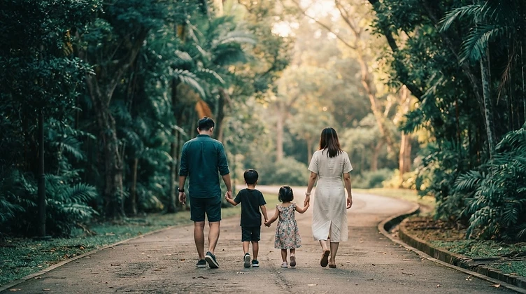 A young Singaporean family walking together along a tree-lined park path at golden hour