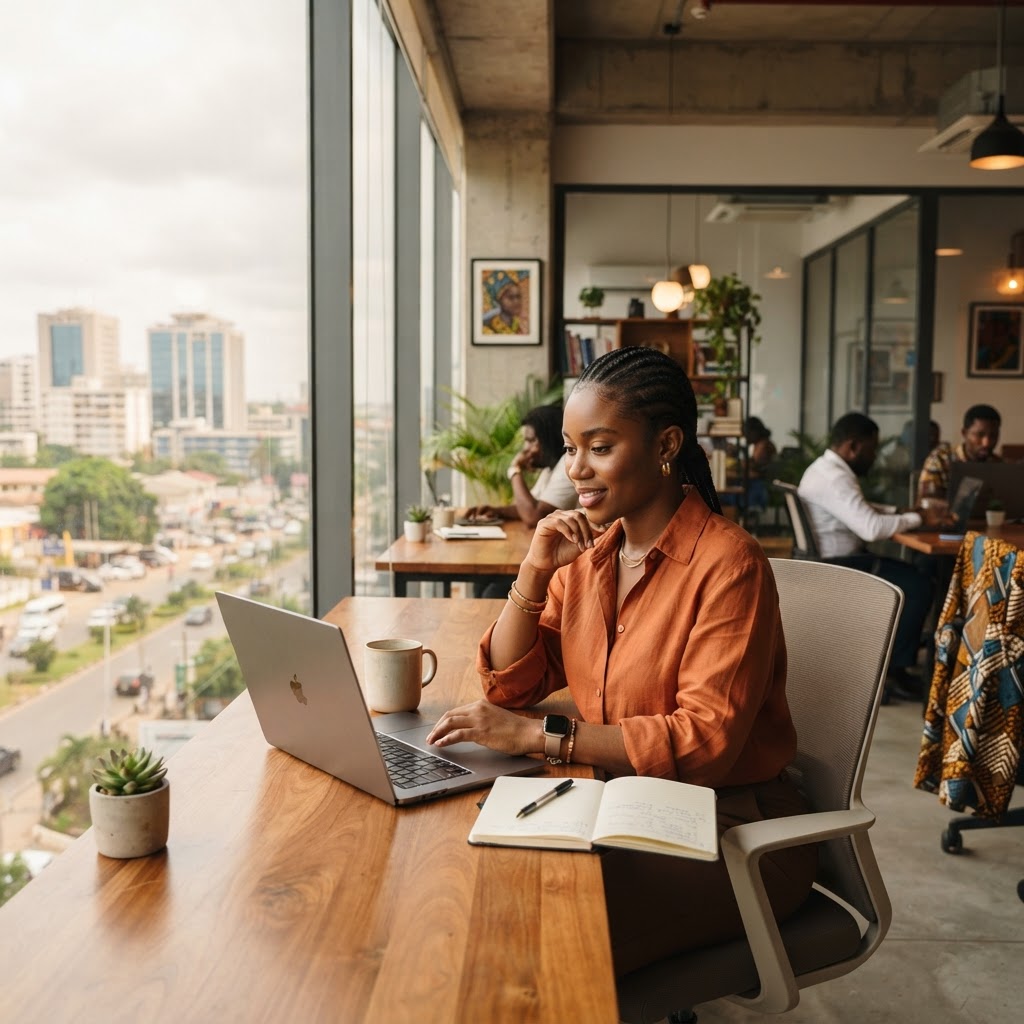 Young Ghanaian entrepreneur working on a laptop in an Accra co-working space