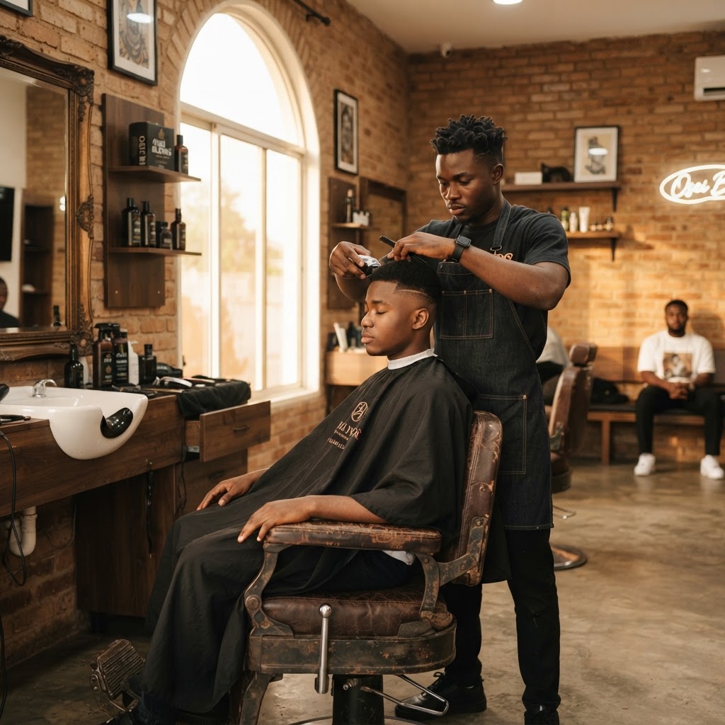 Modern Accra barbershop interior, barber giving a fade haircut