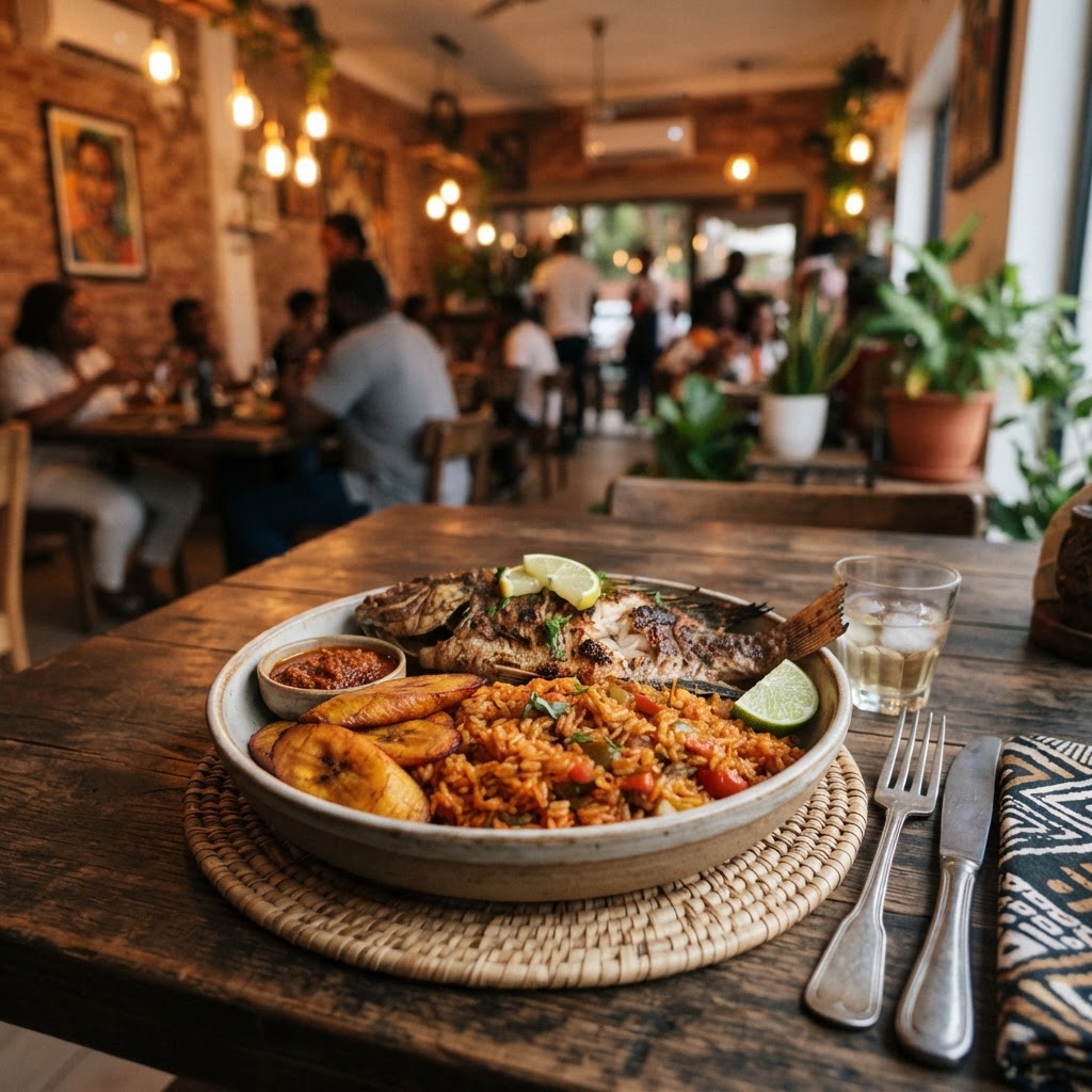 Jollof rice, grilled tilapia and plantain on a wooden table