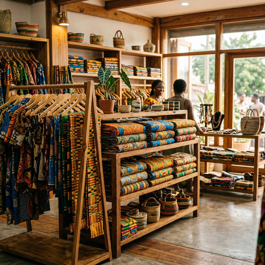 Kente and ankara fabrics displayed in a modern Ghanaian boutique