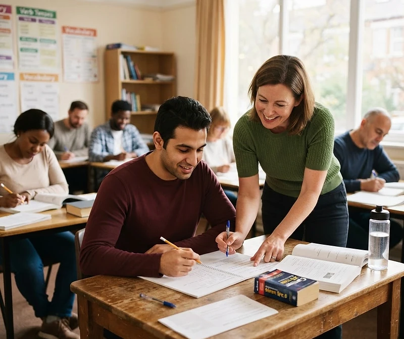 Clase de inglés con docente y estudiante