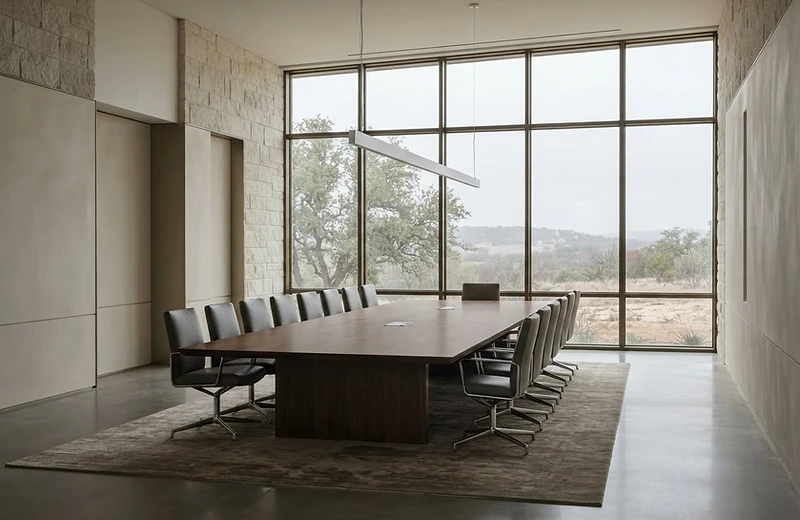 Quiet executive boardroom prepared for property advisory decisions