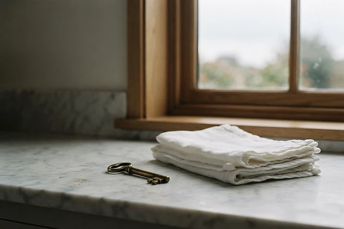 A brass key resting on marble beside fresh linen