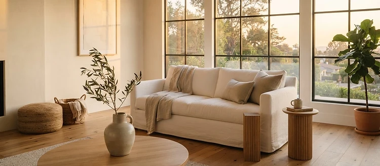 A sunlit, well-kept short-term rental living room at golden hour