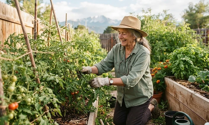 A woman in her seventies gardening in a sunlit Colorado backyard