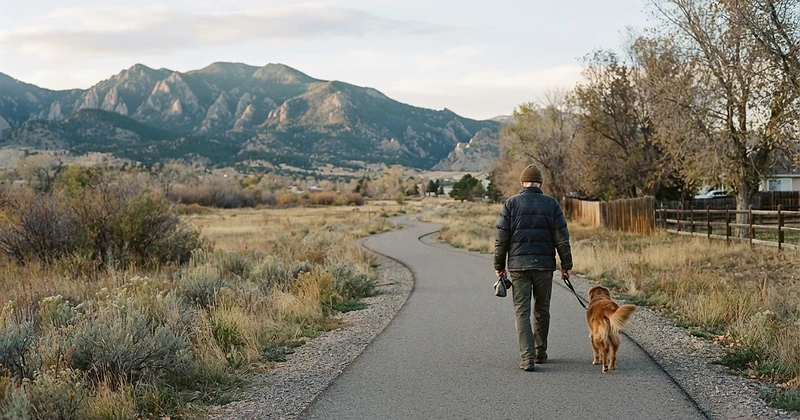 An older man walking his dog on a neighborhood path with Colorado foothills behind him
