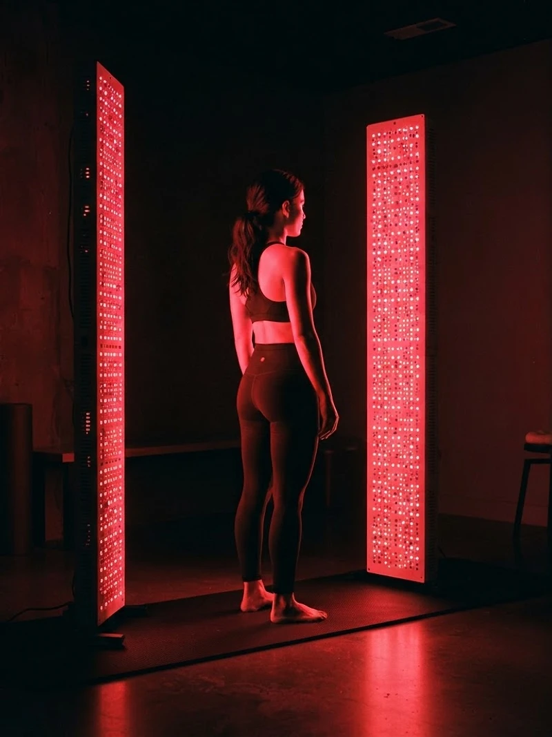 Vertical red light therapy lamps glowing in a dark room