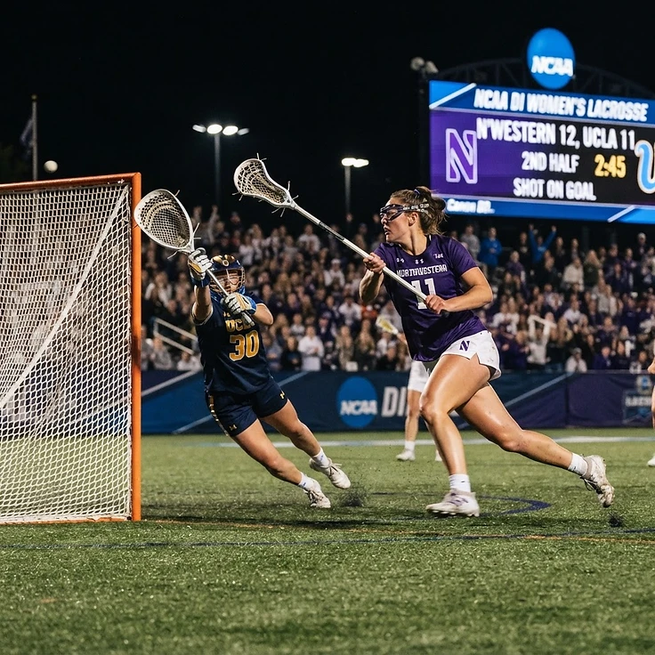 Northwestern attacker drives toward the goal in the 2026 title game