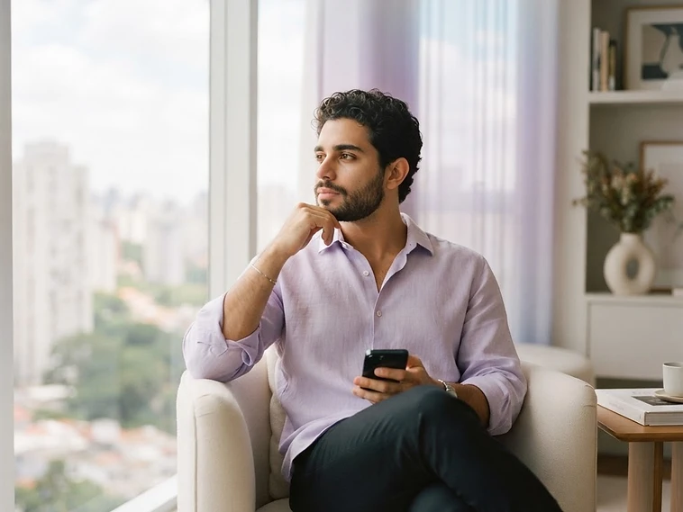 Homem em momento reflexivo de bem-estar