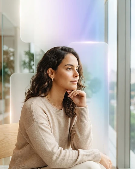 Mulher em momento contemplativo de autocuidado