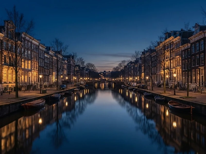 Amsterdamse gracht met statige panden in de blauwe uur