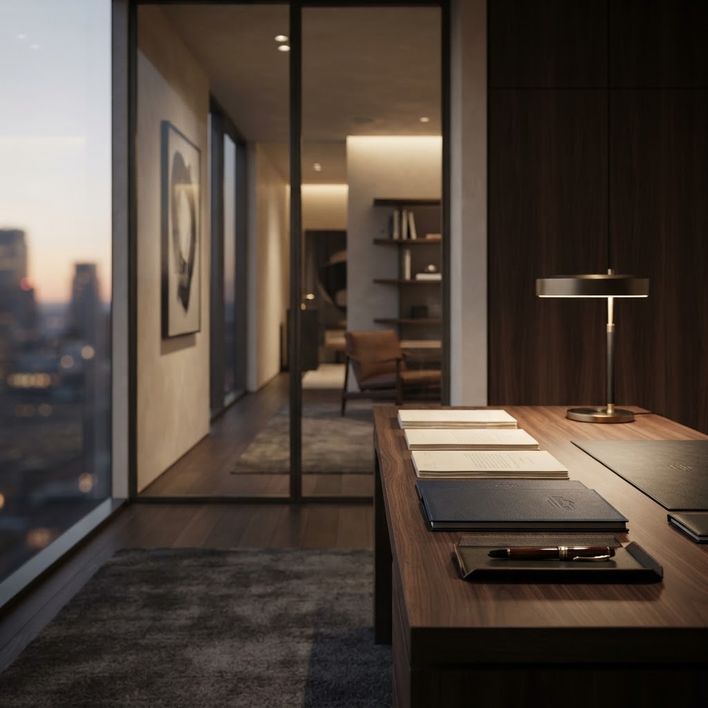 A secluded modern private office at dusk with neatly arranged documents