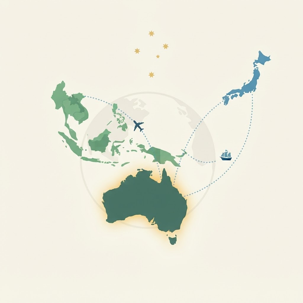 Australia connected across the globe to Japan and Southeast Asia