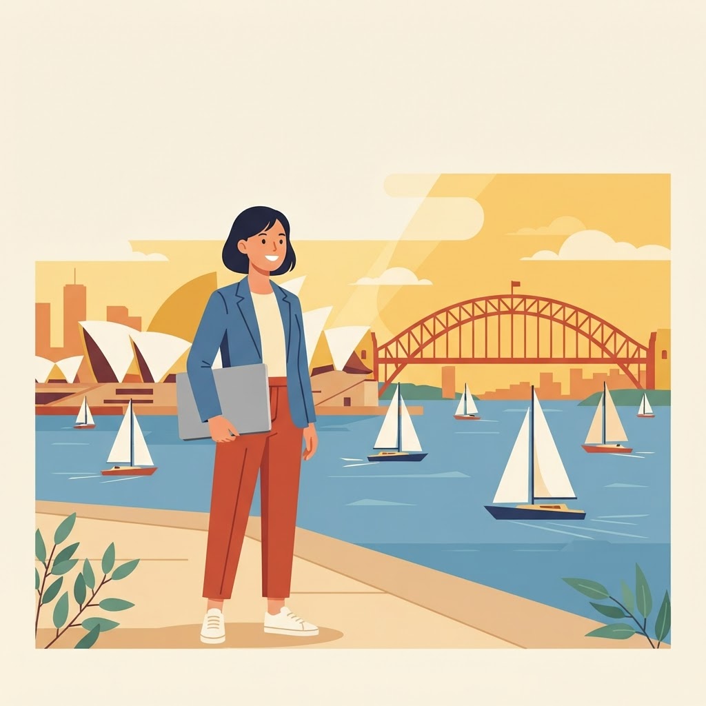 Sydney harbour skyline and a professional with a laptop