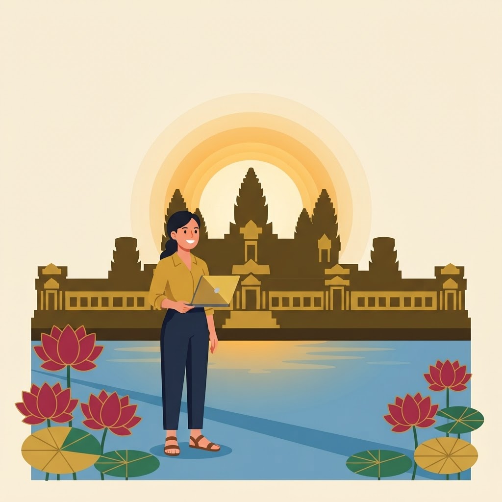 Angkor Wat at sunrise with a professional carrying a laptop