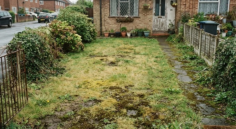 Patchy mossy lawn before treatment