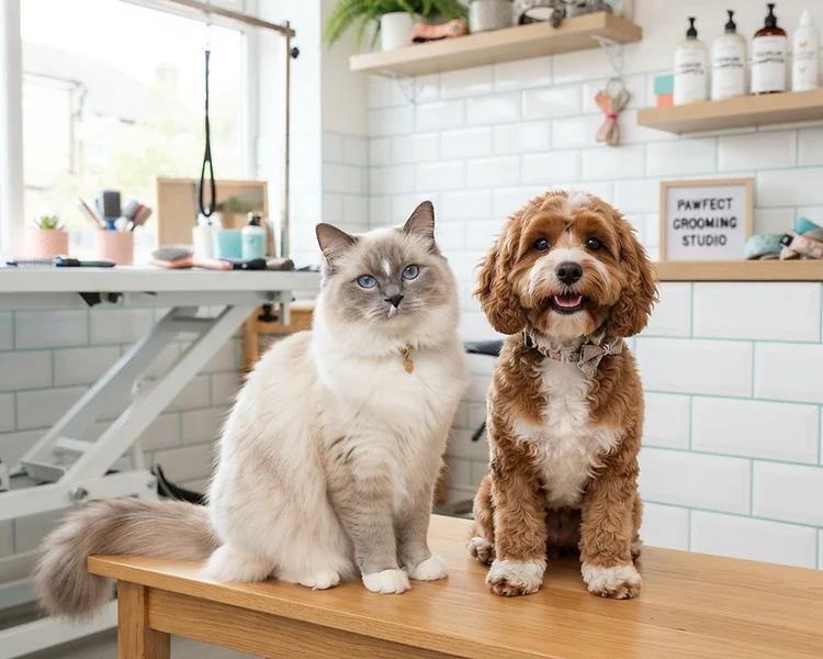 A happy groomed dog and cat